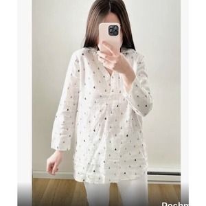 White Linen Nautical Anchor Print Collared Beach Tunic Top sz Small For Cynthia